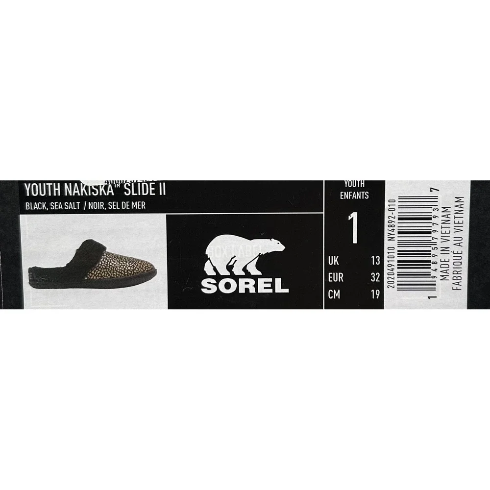 SOREL Nakiska Youth‎ Girls Faux Fur Slippers Size 1 Black Gold Animal Print Warm